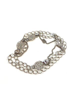 Y2K Style Silver Tone Chain Belt With Decorative Discs & Double Layered Chains F